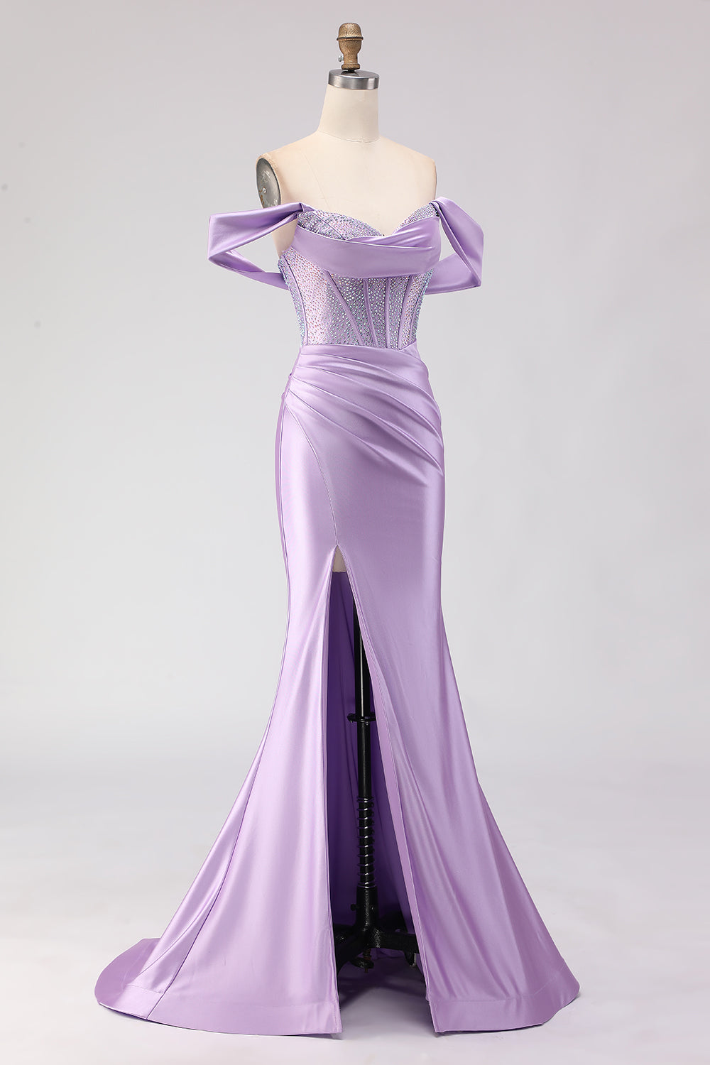 Sparkly Purple Beaded Off the Shoulder Long Corset Prom Dress with Slit