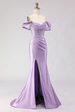 Sparkly Purple Beaded Off the Shoulder Long Corset Prom Dress with Slit