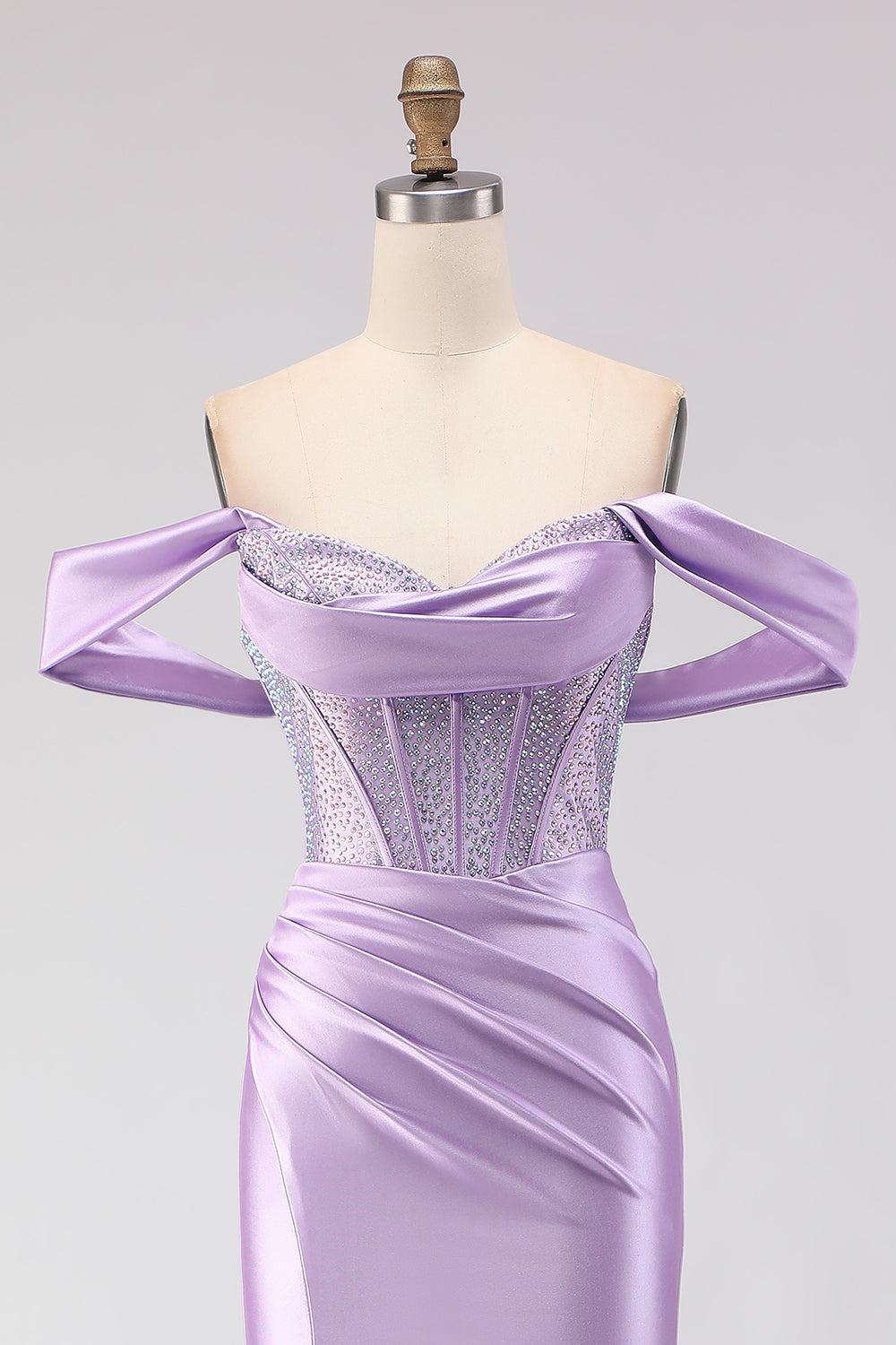 Sparkly Purple Beaded Off the Shoulder Long Corset Prom Dress with Slit