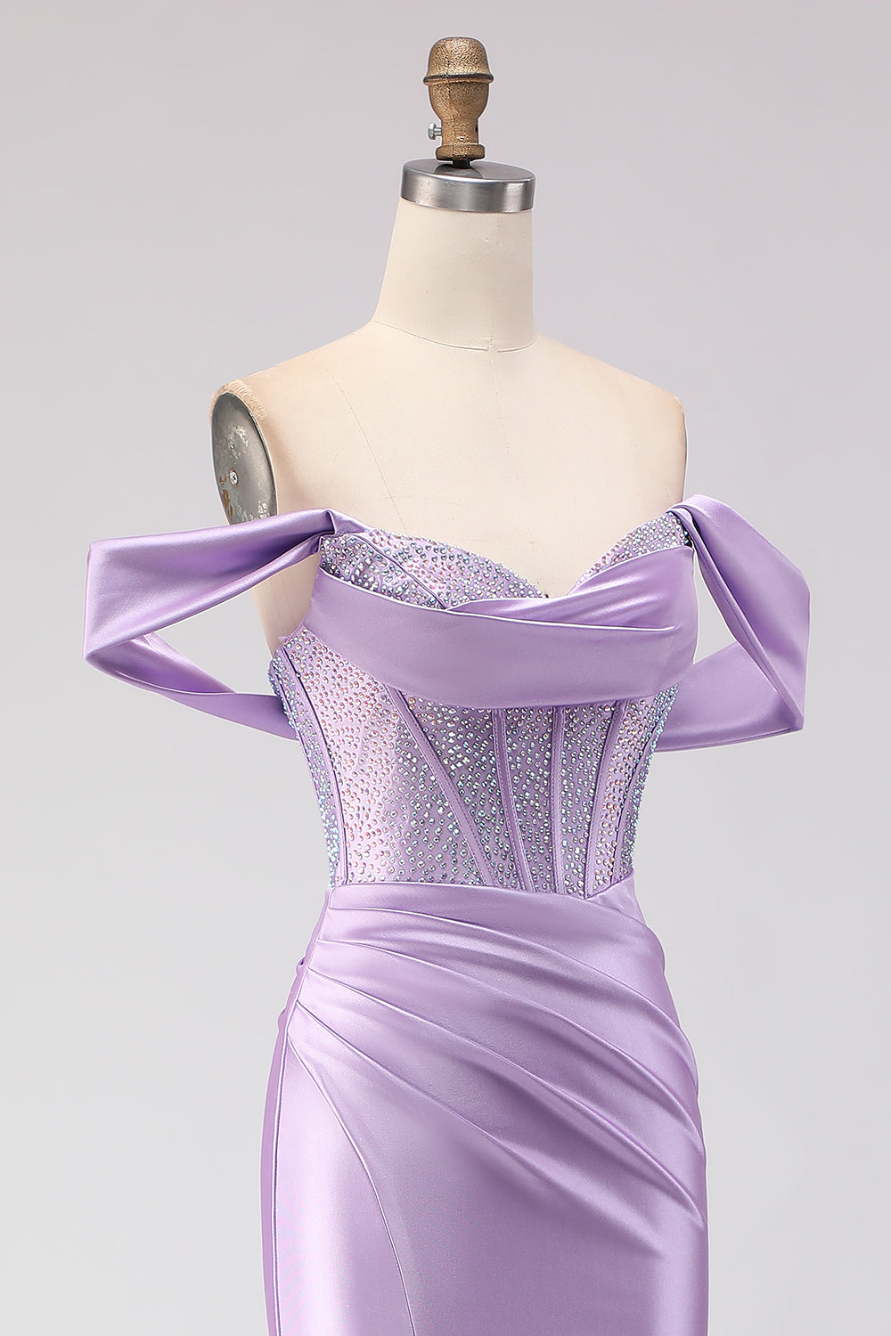 Sparkly Purple Beaded Off the Shoulder Long Corset Prom Dress with Slit