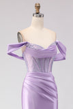 Sparkly Purple Beaded Off the Shoulder Long Corset Prom Dress with Slit