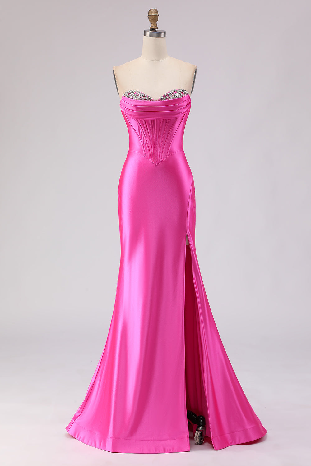 Sparkly Fuchsia Beaded Sweetheart Long Corset Prom Dress with Slit