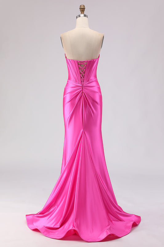 Sparkly Fuchsia Beaded Sweetheart Long Corset Prom Dress with Slit