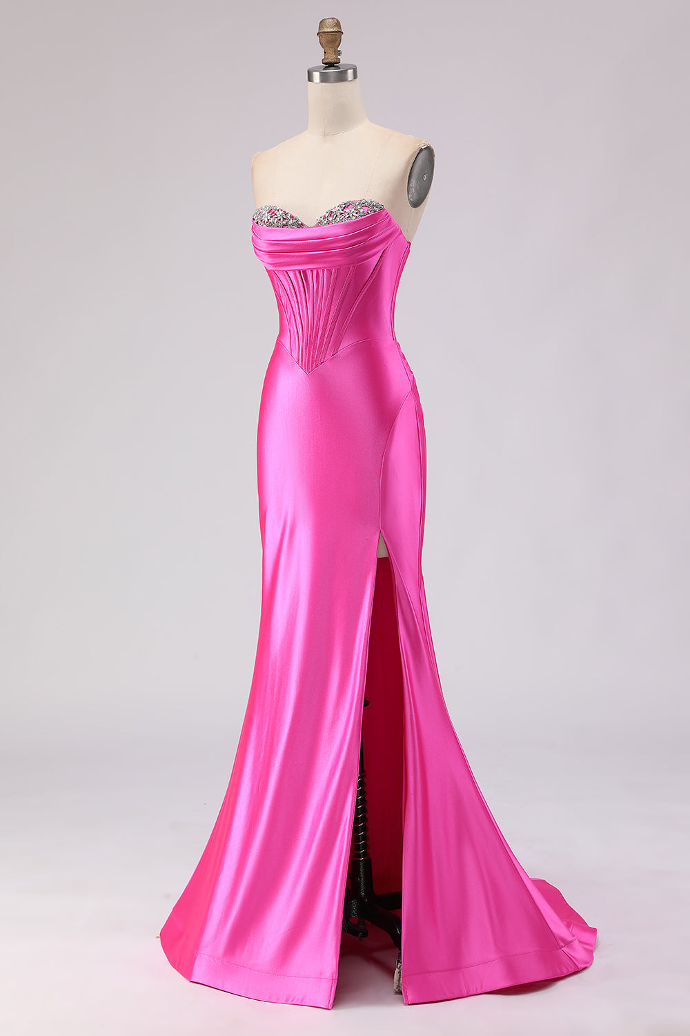 Sparkly Fuchsia Beaded Sweetheart Long Corset Prom Dress with Slit