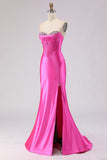 Sparkly Fuchsia Beaded Sweetheart Long Corset Prom Dress with Slit
