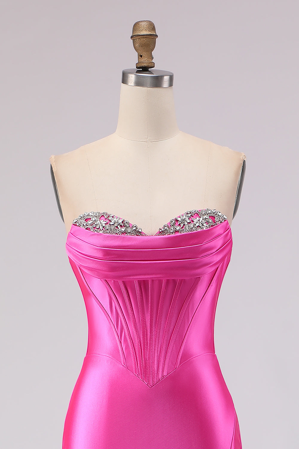 Sparkly Fuchsia Beaded Sweetheart Long Corset Prom Dress with Slit