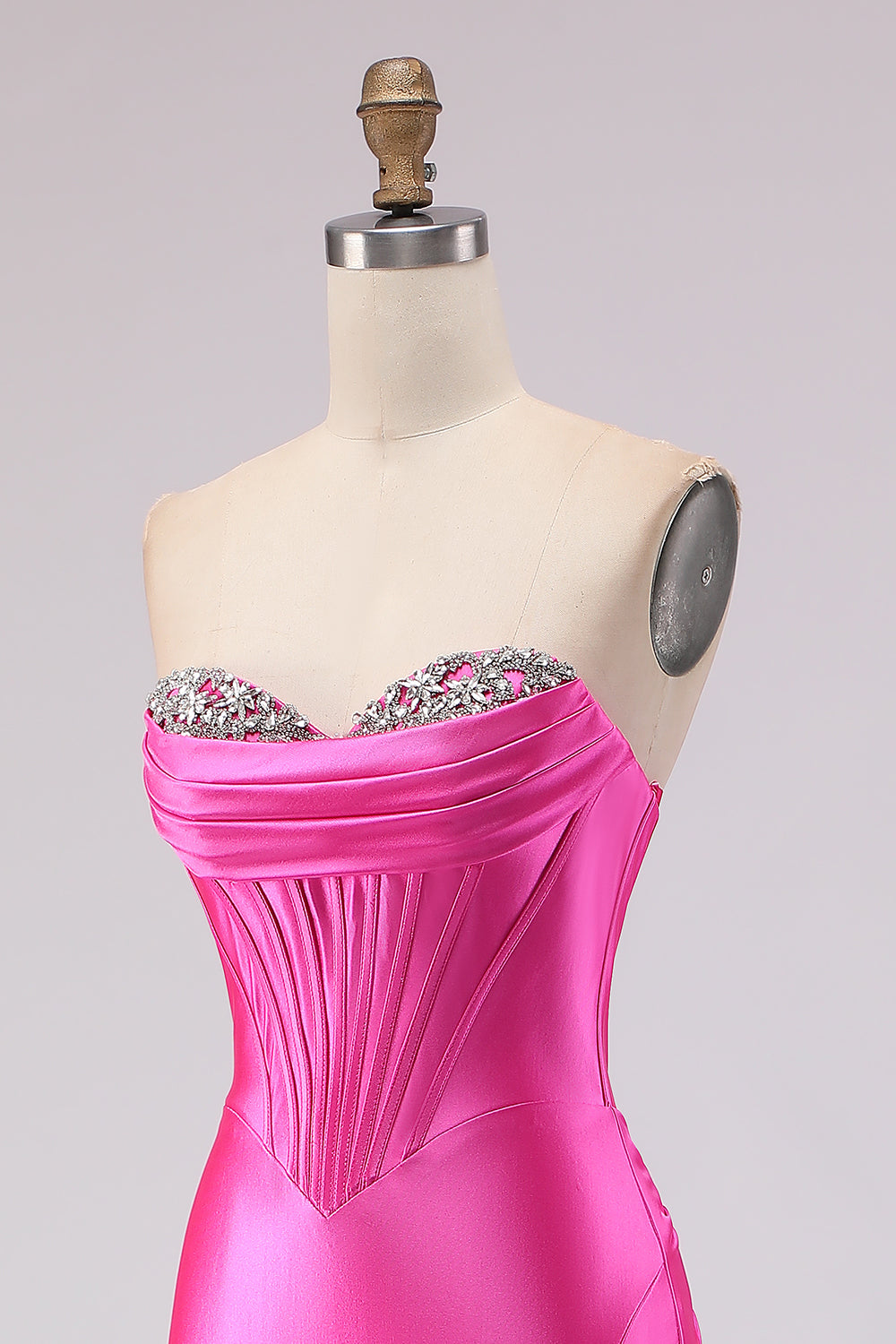 Sparkly Fuchsia Beaded Sweetheart Long Corset Prom Dress with Slit
