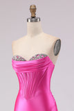 Sparkly Fuchsia Beaded Sweetheart Long Corset Prom Dress with Slit