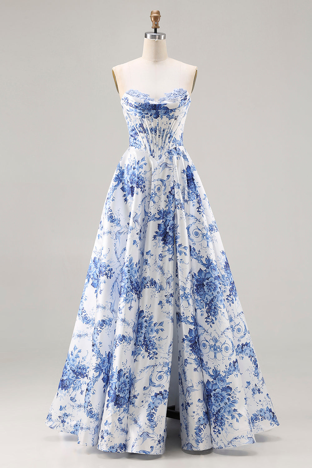 Floral Blue A Line Strapless Long Corset Prom Dress with Slit