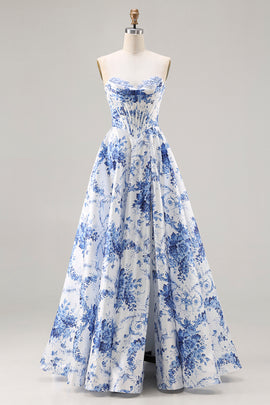 Floral Blue A Line Strapless Long Corset Prom Dress with Slit