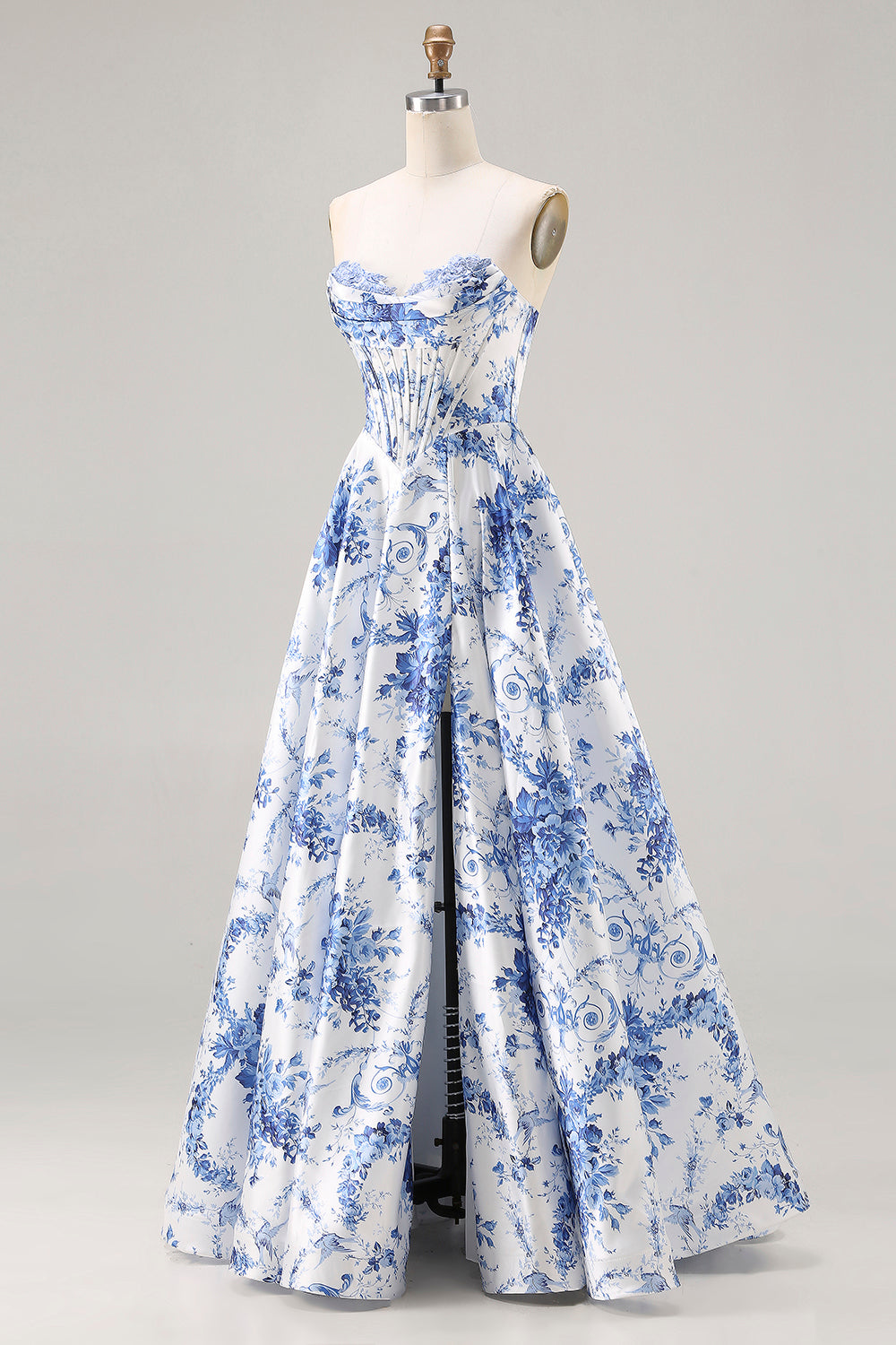 Floral Blue A Line Strapless Long Corset Prom Dress with Slit