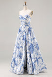 Floral Blue A Line Strapless Long Corset Prom Dress with Slit