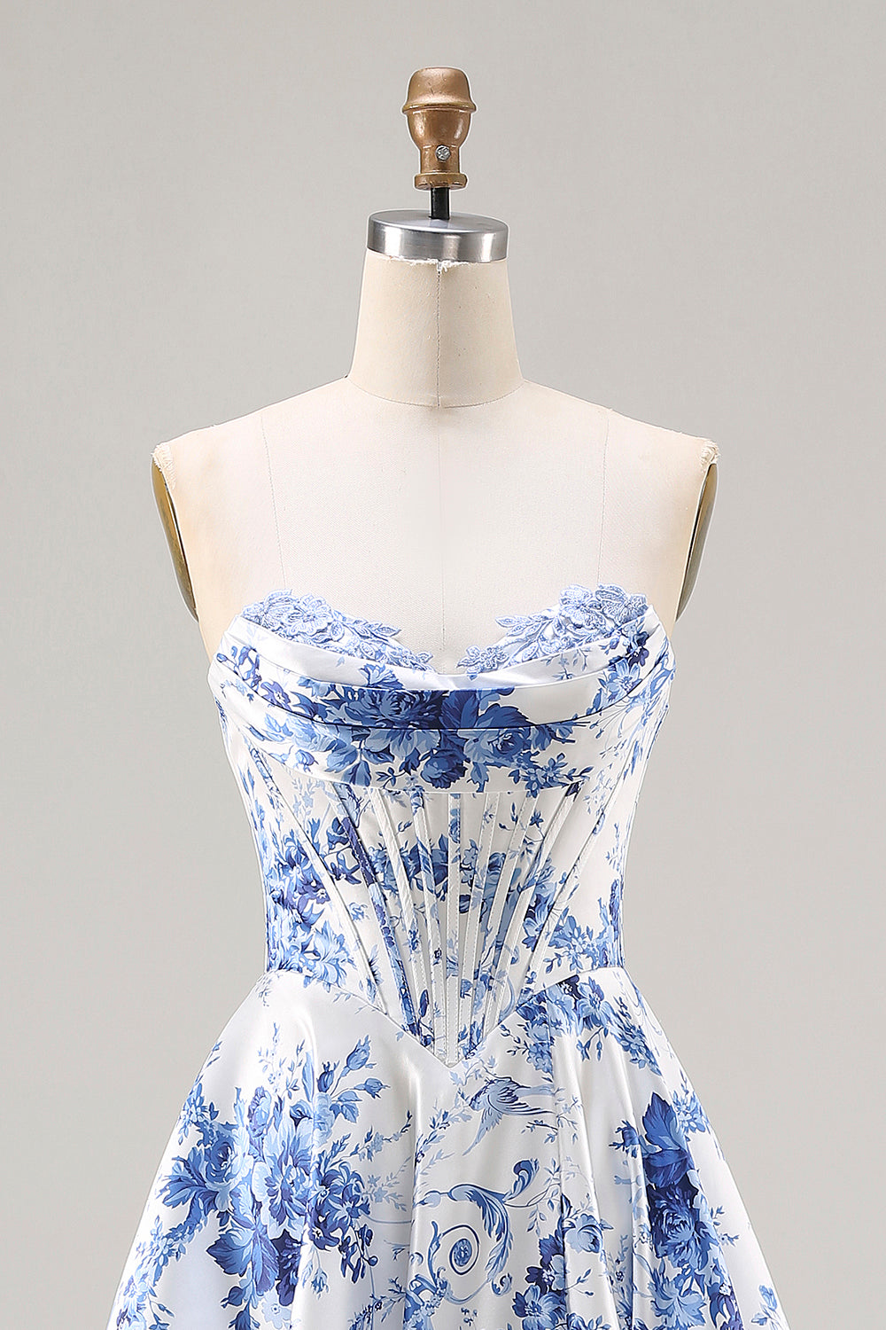 Floral Blue A Line Strapless Long Corset Prom Dress with Slit
