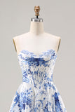Floral Blue A Line Strapless Long Corset Prom Dress with Slit