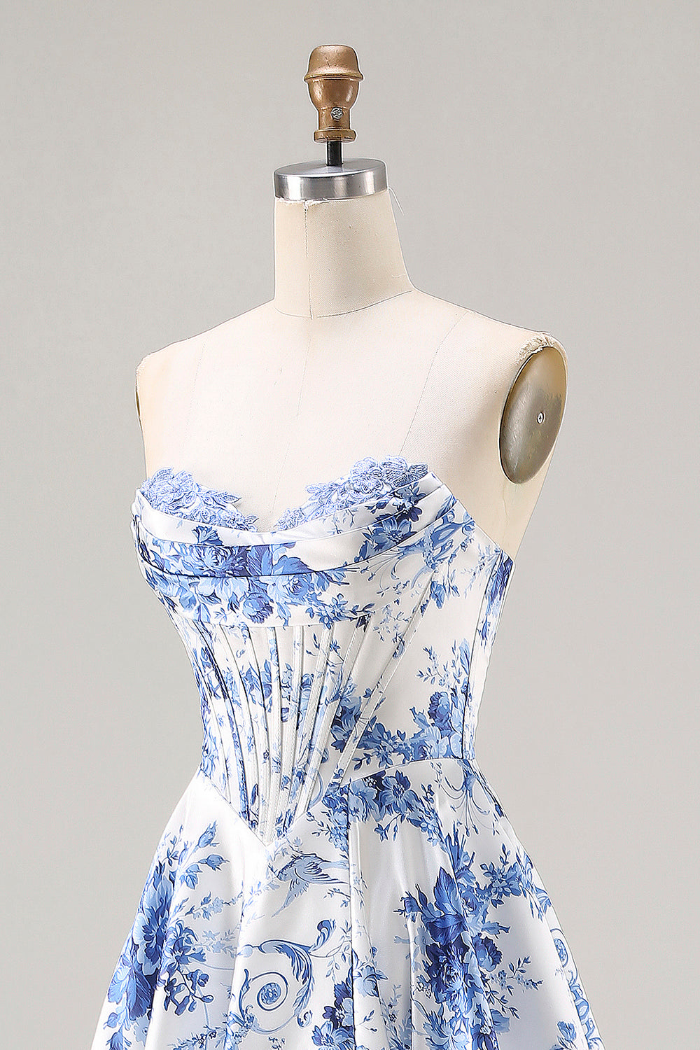 Floral Blue A Line Strapless Long Corset Prom Dress with Slit