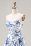 Floral Blue A Line Strapless Long Corset Prom Dress with Slit