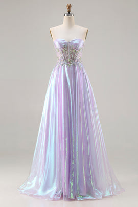 Sparkly Purple Sweetheart A Line Long Corset Prom Dress with Appliques