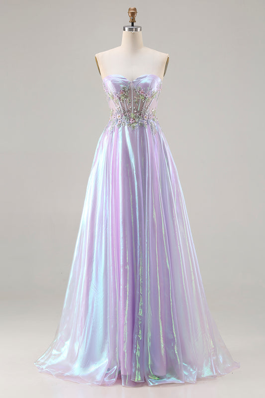 Sparkly Purple Sweetheart A Line Long Corset Prom Dress with Appliques