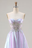 Sparkly Purple Sweetheart A Line Long Corset Prom Dress with Appliques
