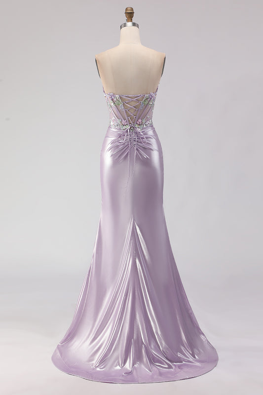 Sparkly Light Purple Mermaid Floral Long Corset Prom Dress with Beading