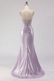 Sparkly Light Purple Mermaid Floral Long Corset Prom Dress with Beading