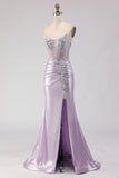 Sparkly Light Purple Mermaid Floral Long Corset Prom Dress with Beading