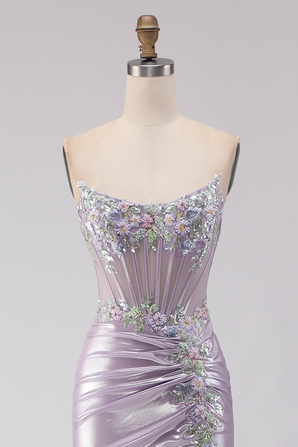 Sparkly Light Purple Mermaid Floral Long Corset Prom Dress with Beading