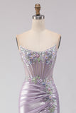 Sparkly Light Purple Mermaid Floral Long Corset Prom Dress with Beading