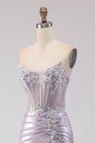 Sparkly Light Purple Mermaid Floral Long Corset Prom Dress with Beading