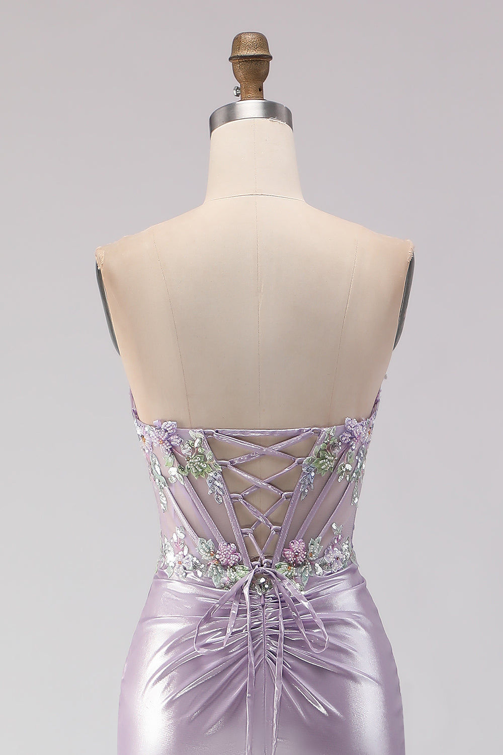 Sparkly Light Purple Mermaid Floral Long Corset Prom Dress with Beading