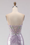 Sparkly Light Purple Mermaid Floral Long Corset Prom Dress with Beading