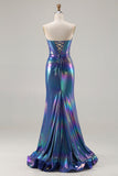 Sparkly Navy Mermaid Sweetheart Long Corset Prom Dress with Slit