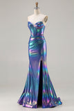 Sparkly Navy Mermaid Sweetheart Long Corset Prom Dress with Slit