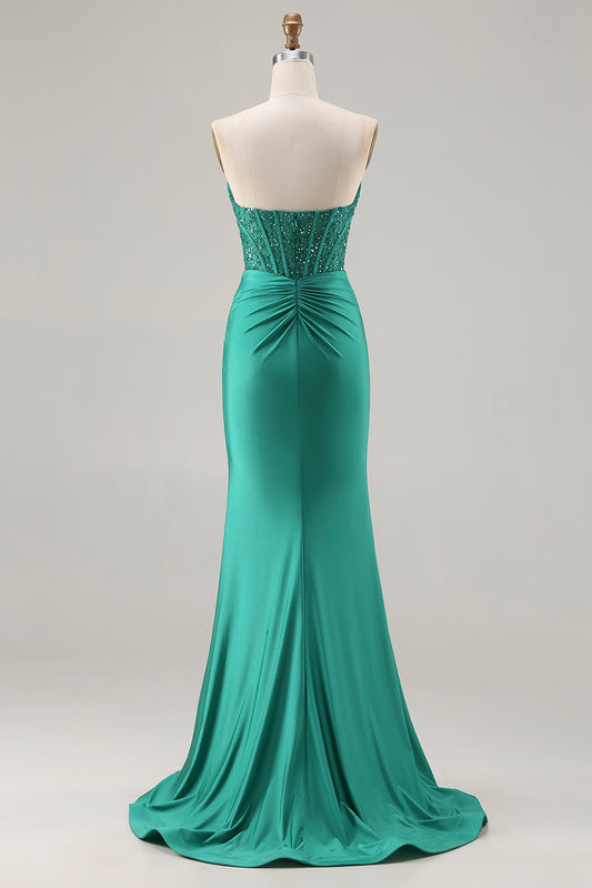 Sparkly Dark Green Mermaid Strapless Long Corset Prom Dress with Beading
