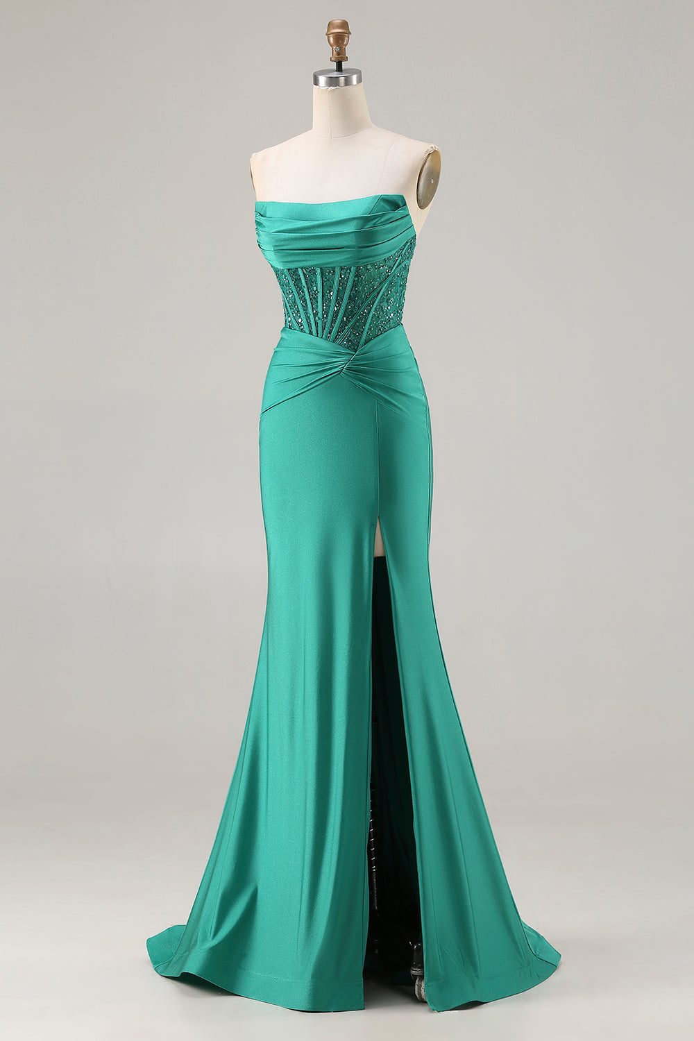 Sparkly Dark Green Mermaid Strapless Long Corset Prom Dress with Beading