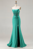 Sparkly Dark Green Mermaid Strapless Long Corset Prom Dress with Beading