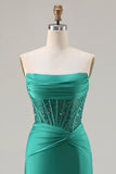 Sparkly Dark Green Mermaid Strapless Long Corset Prom Dress with Beading