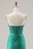 Sparkly Dark Green Mermaid Strapless Long Corset Prom Dress with Beading