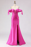 Sparkly Fuchsia Beaded Mermaid Long Corset Prom Dress with Slit