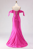 Sparkly Fuchsia Beaded Mermaid Long Corset Prom Dress with Slit