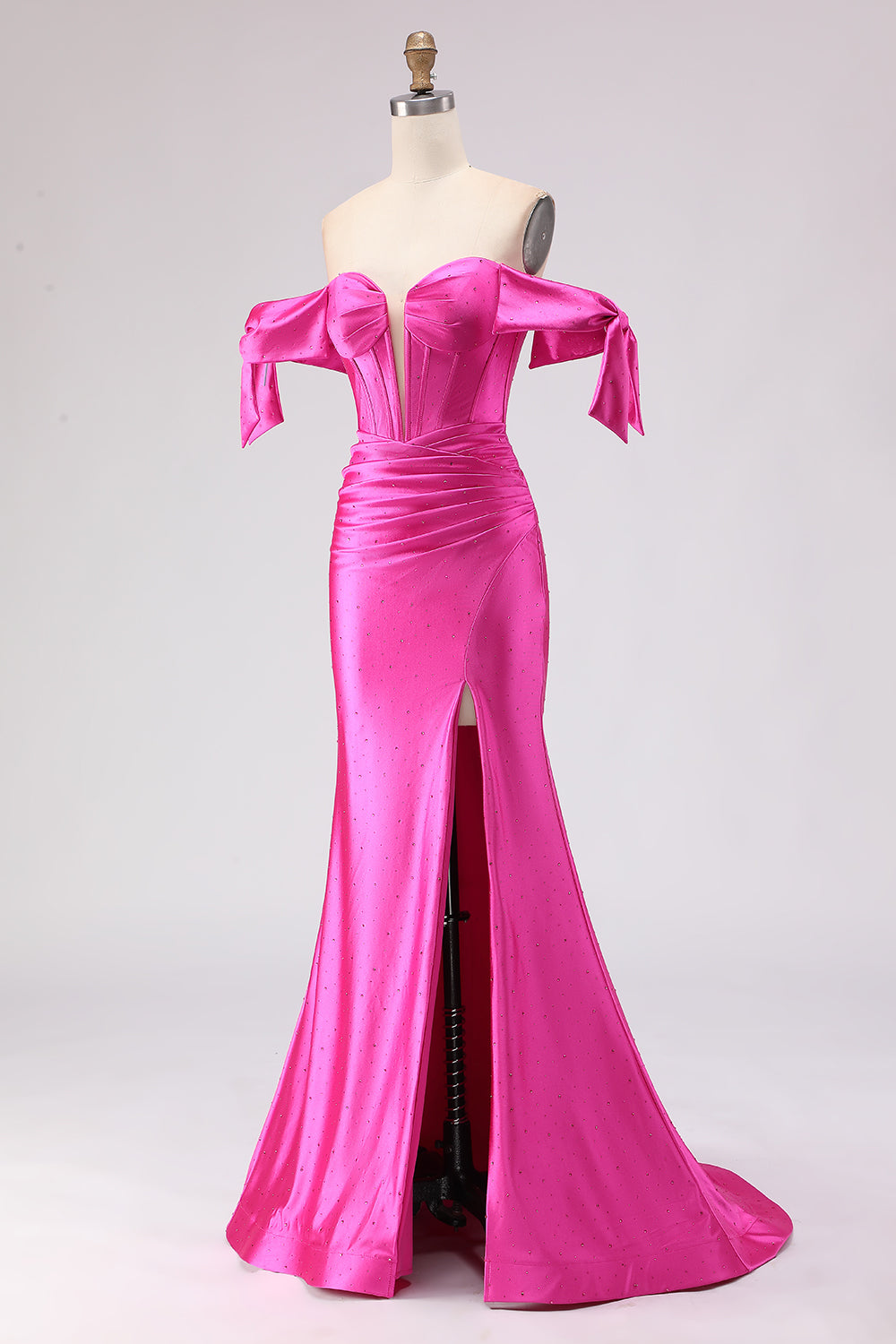 Sparkly Fuchsia Beaded Mermaid Long Corset Prom Dress with Slit