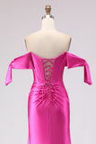 Sparkly Fuchsia Beaded Mermaid Long Corset Prom Dress with Slit