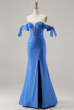 Sparkly Royal Blue Beaded Mermaid Long Corset Prom Dress with Slit