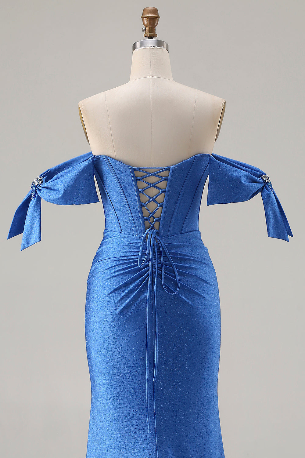 Sparkly Royal Blue Beaded Mermaid Long Corset Prom Dress with Slit