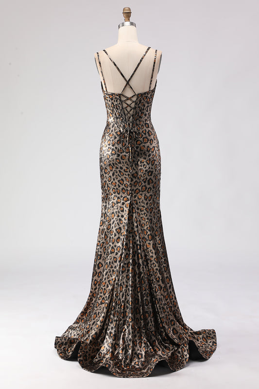 Sparkly Khaki Leopard Print Mermaid Long Corset Prom Dress with Beading