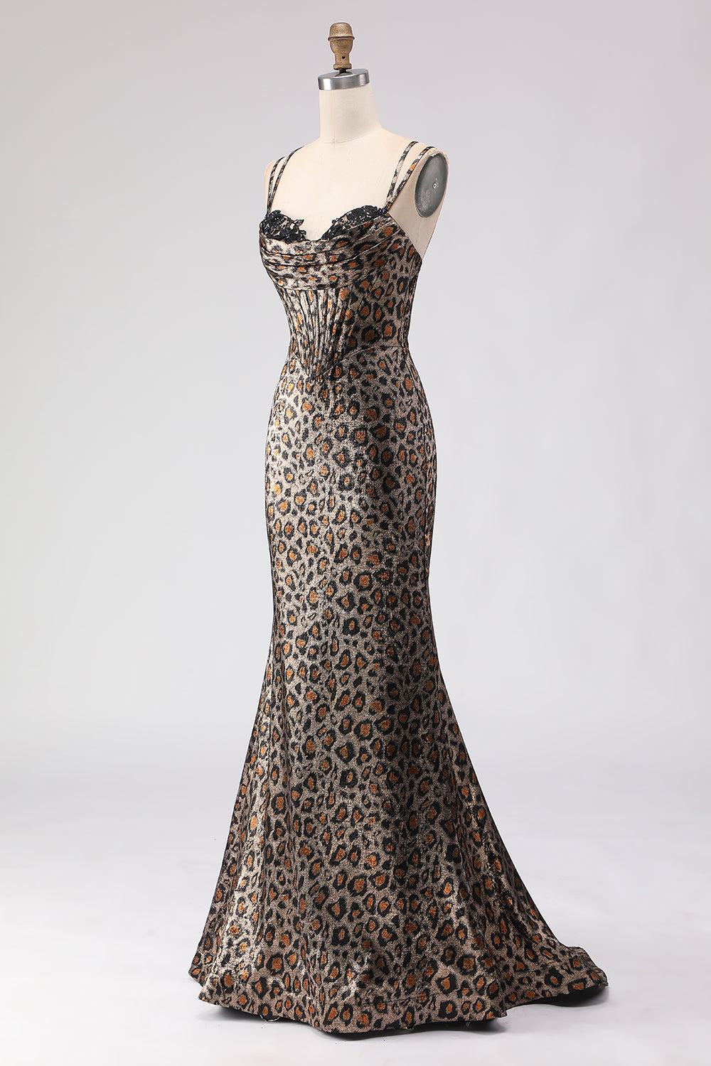 Sparkly Khaki Leopard Print Mermaid Long Corset Prom Dress with Beading