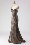 Sparkly Khaki Leopard Print Mermaid Long Corset Prom Dress with Beading