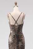 Sparkly Khaki Leopard Print Mermaid Long Corset Prom Dress with Beading