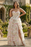 Floral Pink Tiered A Line Ruffled Long Corset Prom Dress with Slit