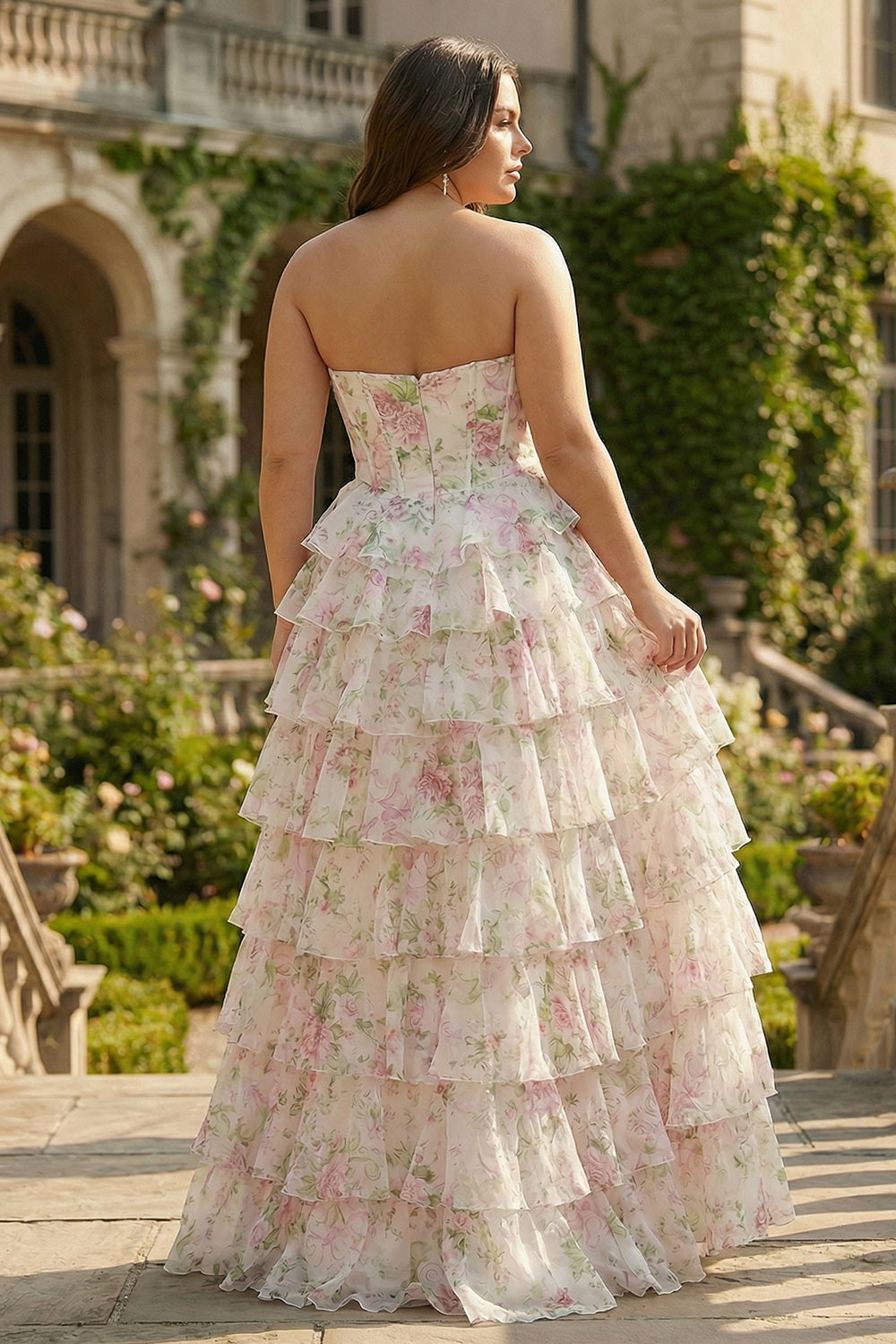 Floral Pink Tiered A Line Ruffled Long Corset Prom Dress with Slit